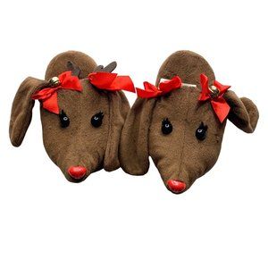 Poochie and Co Girls Size Small 4 5 Deer Reindeer Brown Slippers Bells Bows Chri